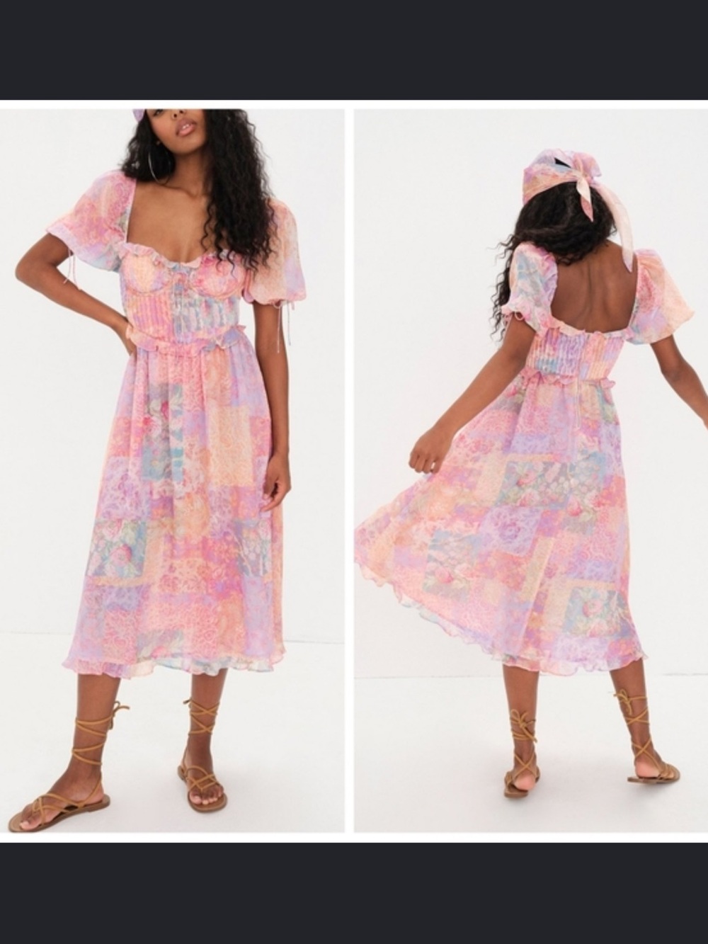 For Love & Lemons Pastel Patchwork Midi Dress - Pink, Lavender, Peach